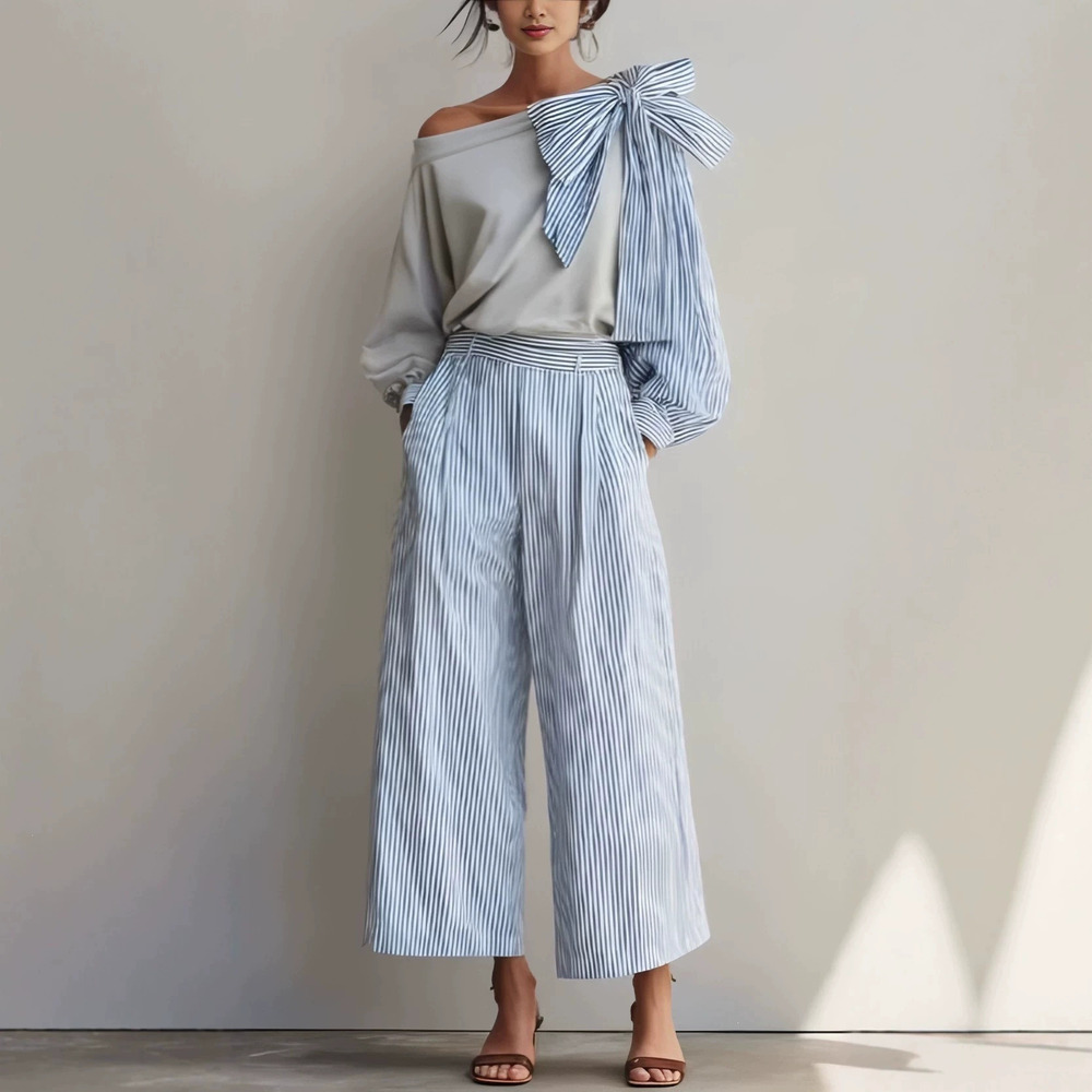H&M Striped Casual Elegant Straight Leg Pants Set for Women